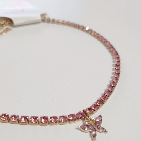 Pink Gold Butterfly Rhinestone Crystal Choker Necklace - Picture 2 of 4